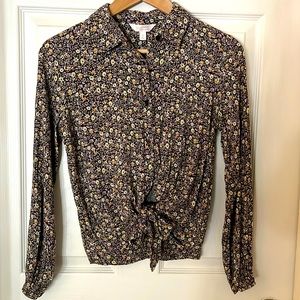 Button Down Floral Blouse w/ Tie Bottom